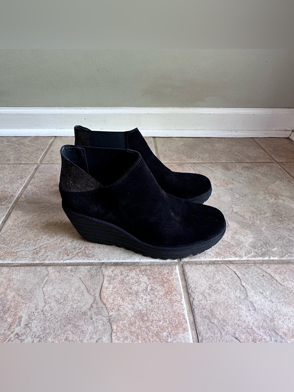 Fly London Boots Yego Suede Ankle Wedge Bootie Black Pewter​